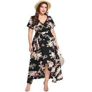 🌸 Milumia Black Floral Wrap Maxi Dress – Women’s 4XL